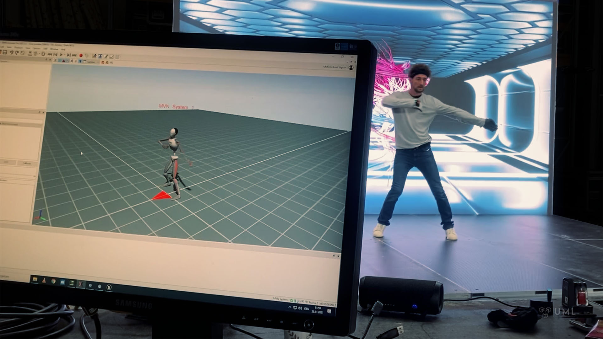 Behind the scene picture of performance test with mocap suit