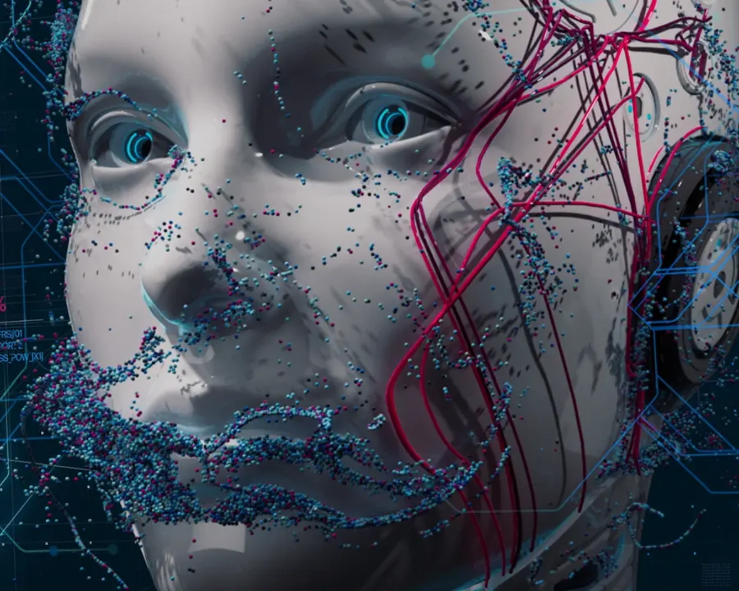 A multisceen stage design with 3D animation showing an humanoid ai head with crawling particles and tendrils in an environment of huds and networks